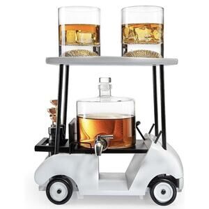 The Wine Savant Golf Cart Whiskey Decanter + 2 Glasses Limited Edition Gift Set